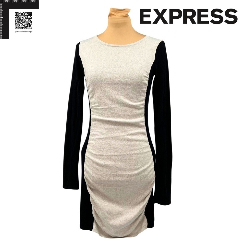 Small - EUC - Express - Black + Cream Fitted Long Sleeve Knit Sweater Dress
